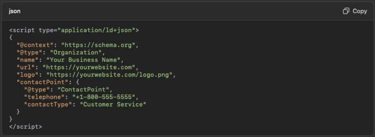 Sample business website code for Schema Markup. JSON-LD
